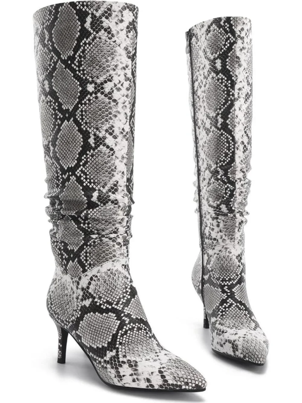 Women's Snake Pointed Toe Mid Stiletto Heel Suede Leather Knee High Boots